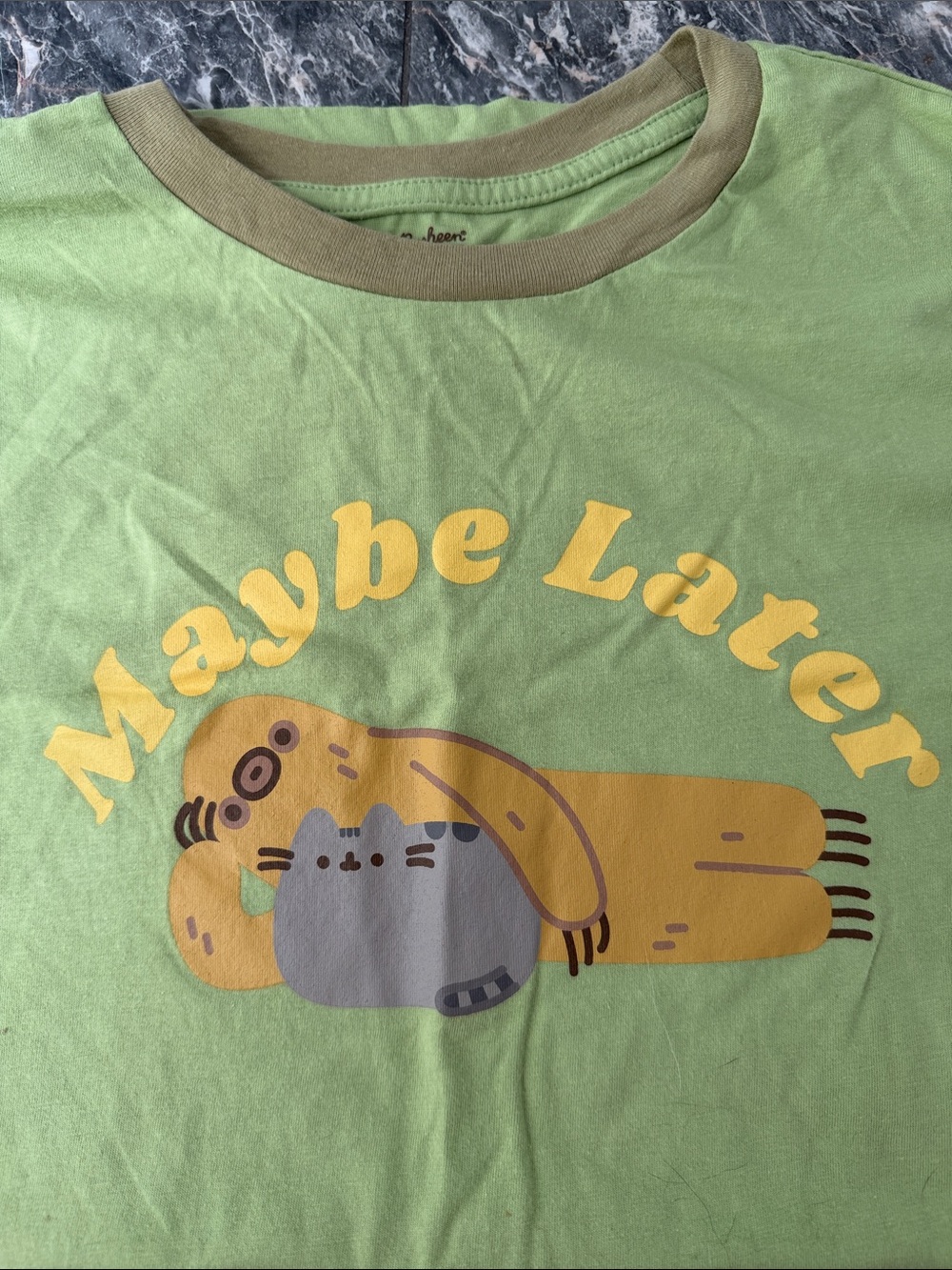 Pusheen Green Tee with Yellow Cat Graphic